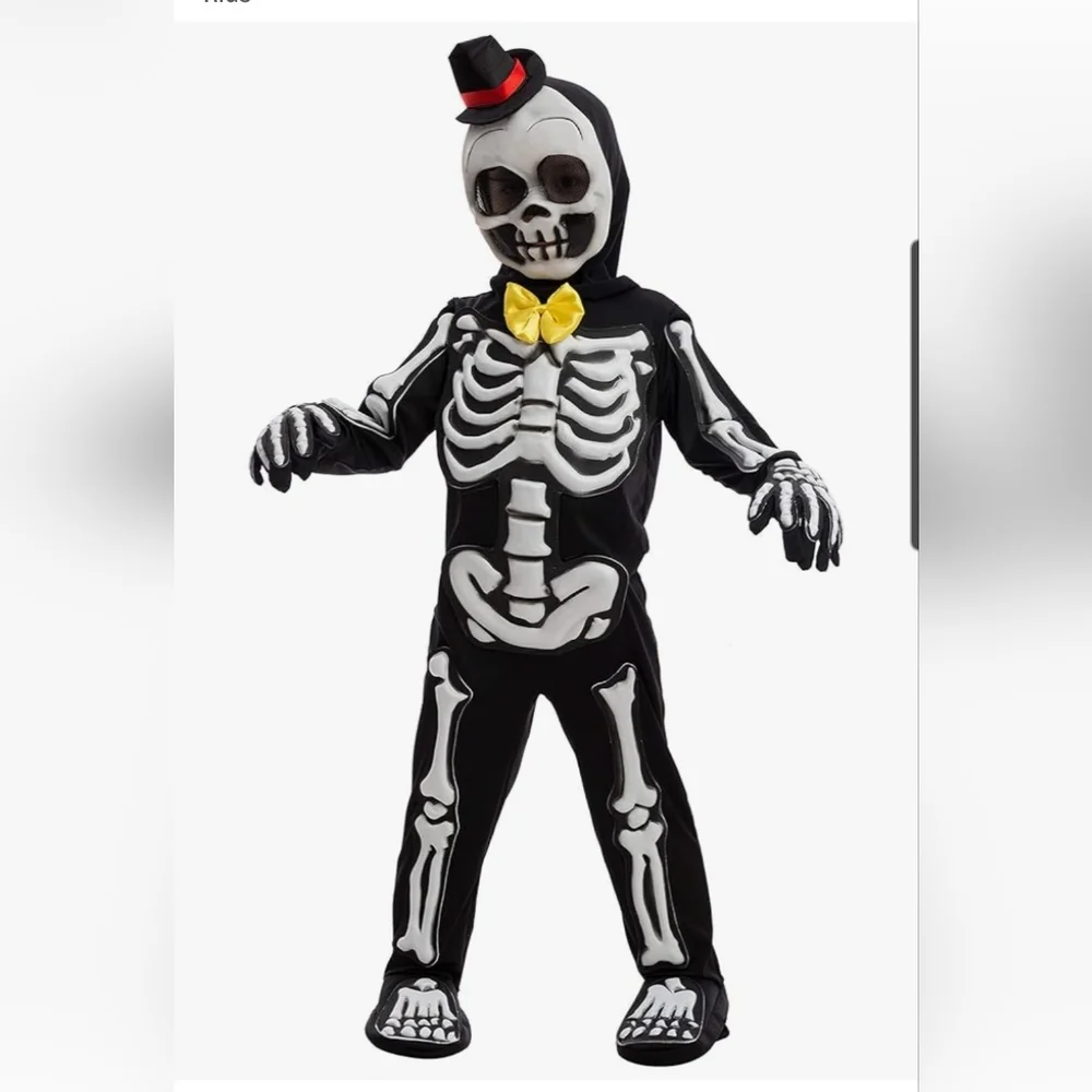 Spooky Glow In The Dark Skeleton Kids Costume with Yellow Bow Tie Size Small
